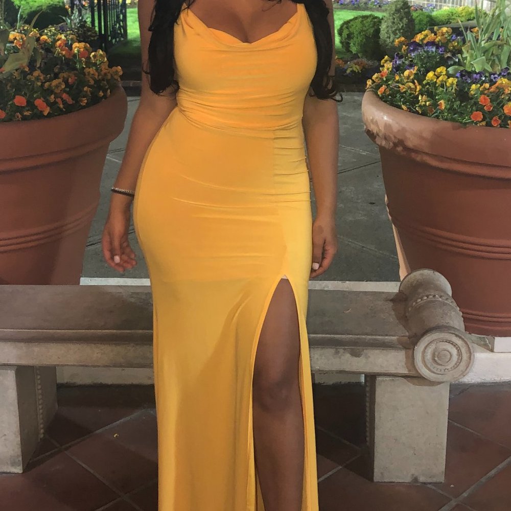 Mustard Cowl Neck Split Dress (Maxi)